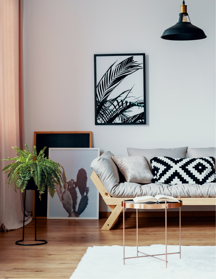 Beautiful hand-scraped hardwoods floors in trendy living room