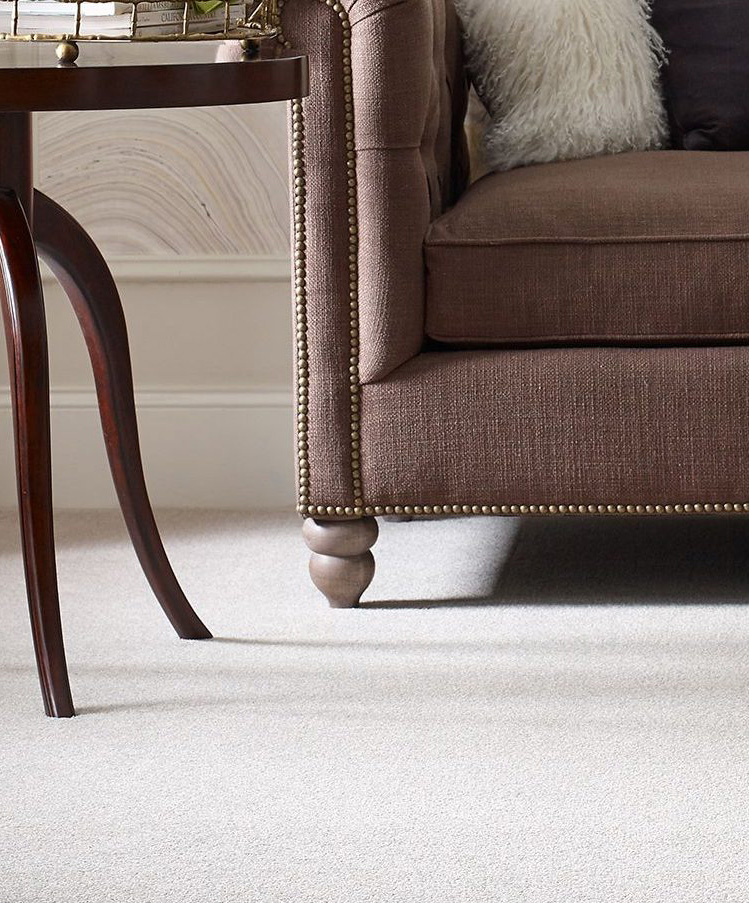 Beautiful carpeting beneath a suede couch