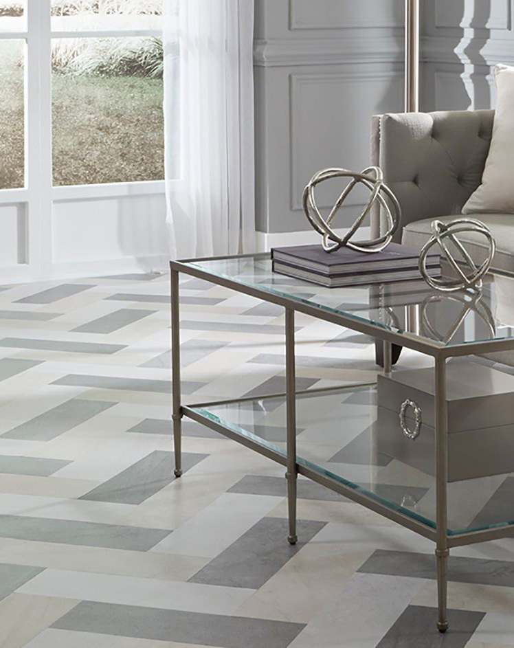Colorful Chevron-patterned vinyl flooring in modern living room.