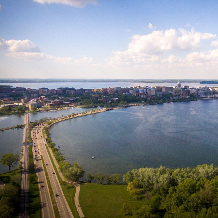 Aerial view of Lake Monona and Madison downtown