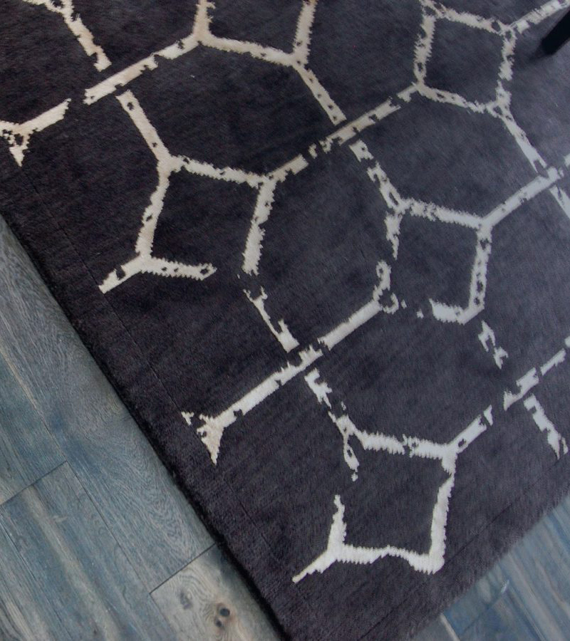 Man sitting on area rug in living room